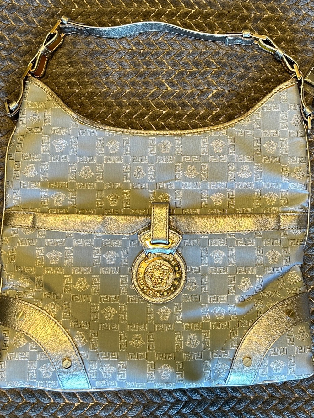 Authenticated Vintage Versace Metallic Silver/Grey Signature Canvas Shoulder Bag